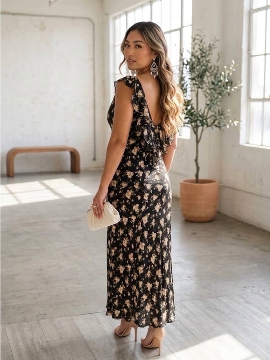 Ralph Lauren Dresses & Skirts - Vintage 90s Ralph Lauren Black Floral Silk Open Back Maxi Dress - US 10